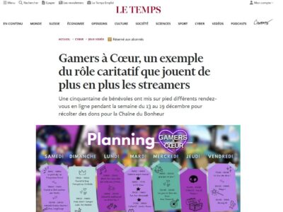 Interview (Le Temps) – Gamers à Cœur, un exemple du rôle caritatif que jouent de plus en plus les streamers